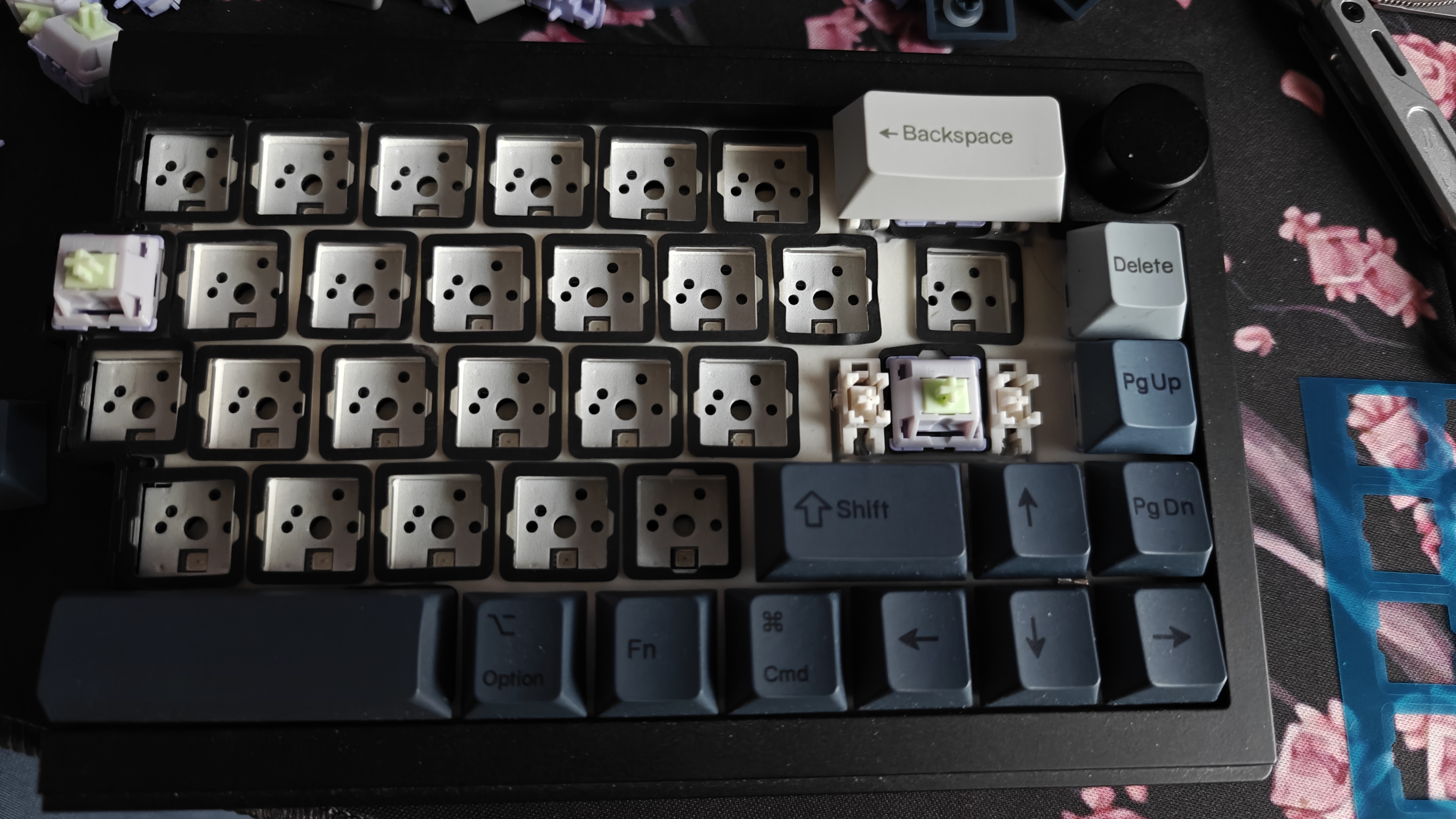 Keyboard internals exposed showing switch sockets